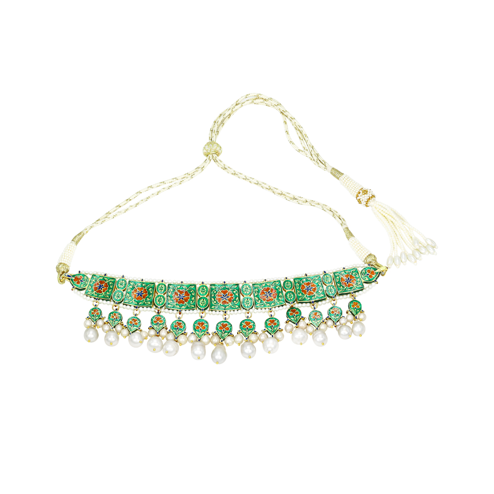 Rectangular Polki Choker with Pearl Fringe and Partash Detailing